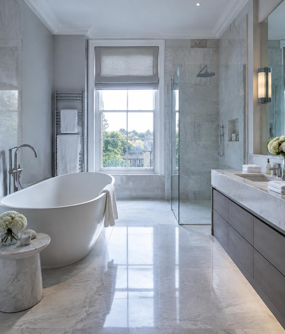 A polished luxury bathroom after cleaning